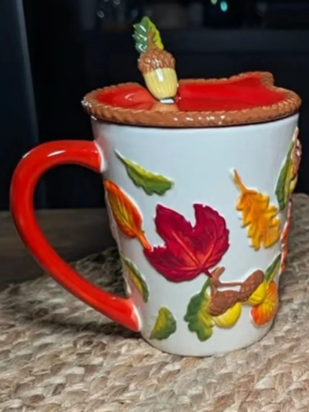 Temp-tations by Tara Autumn Harvest Mug Set Saucer Spoon Embossed Leaf & Acorn